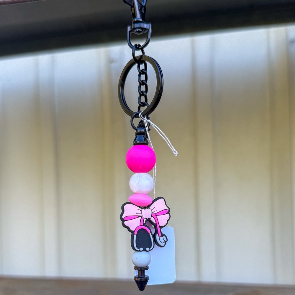 Pink and White Beaded Keychain with Bow Stethoscope Charm